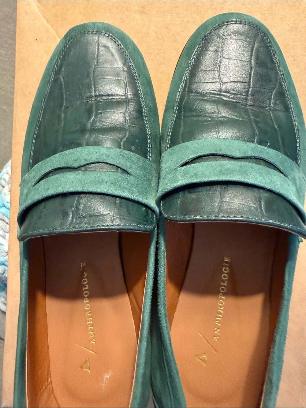 Anthropologie Teal Croc-Embossed Suede Strap Penny Loafers for Men